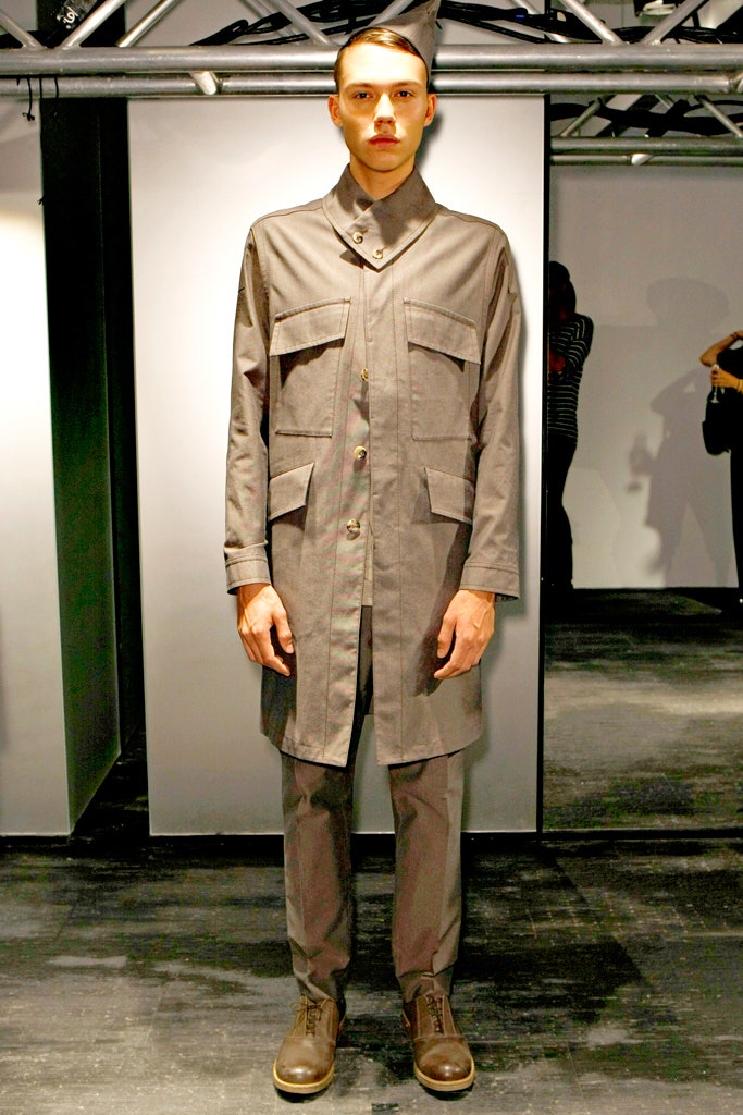 gray cotton coat with tailored pants