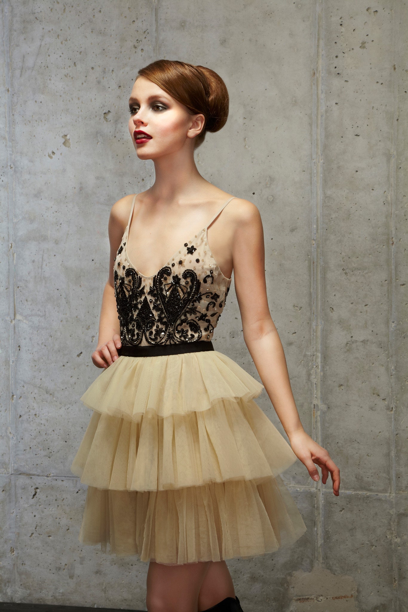 beige and black tiered dress
