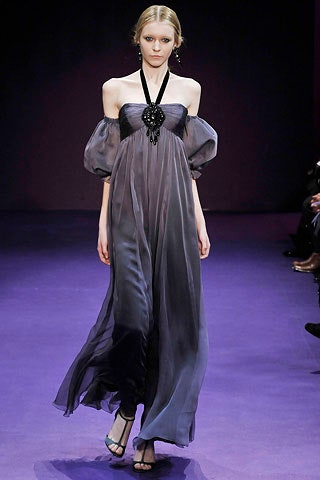 purple silk off-shoulder gown