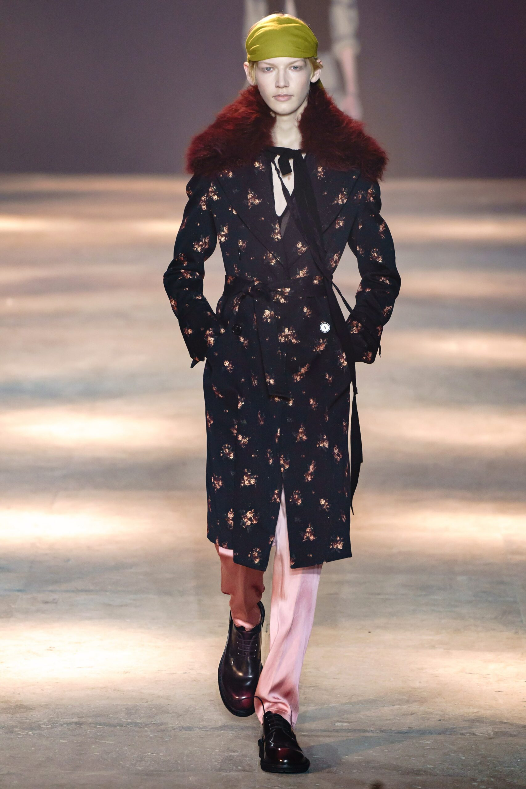 embroidered black coat with pink pants