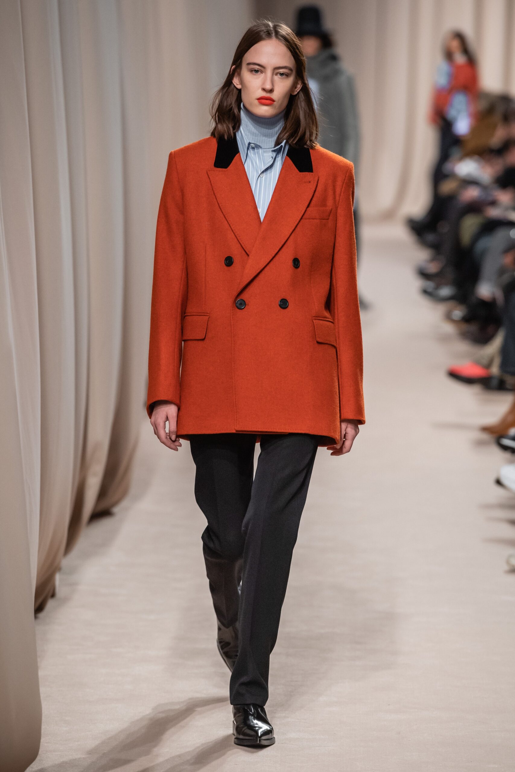 orange tailored blazer with blue shirt