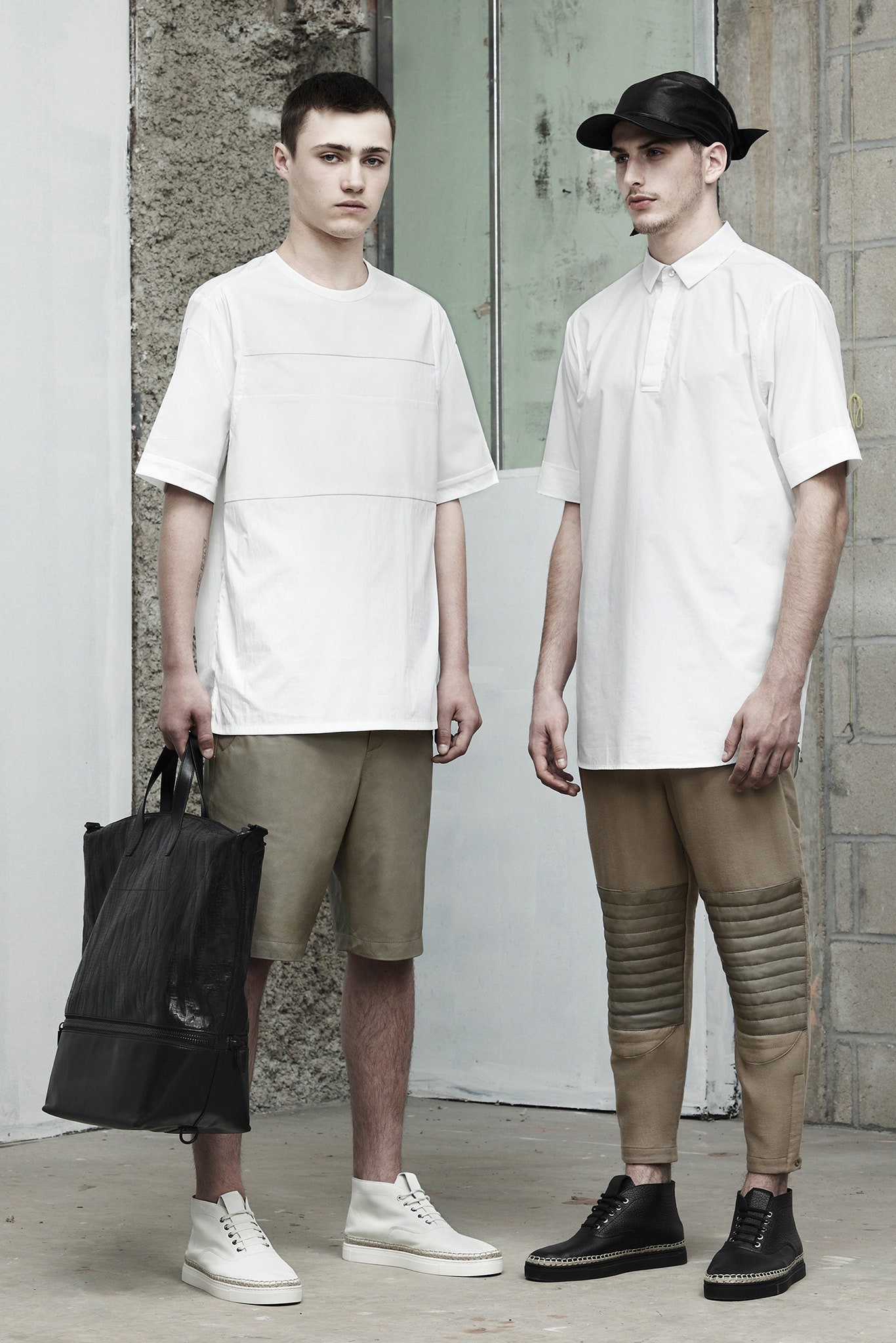 white cotton t-shirt with beige shorts