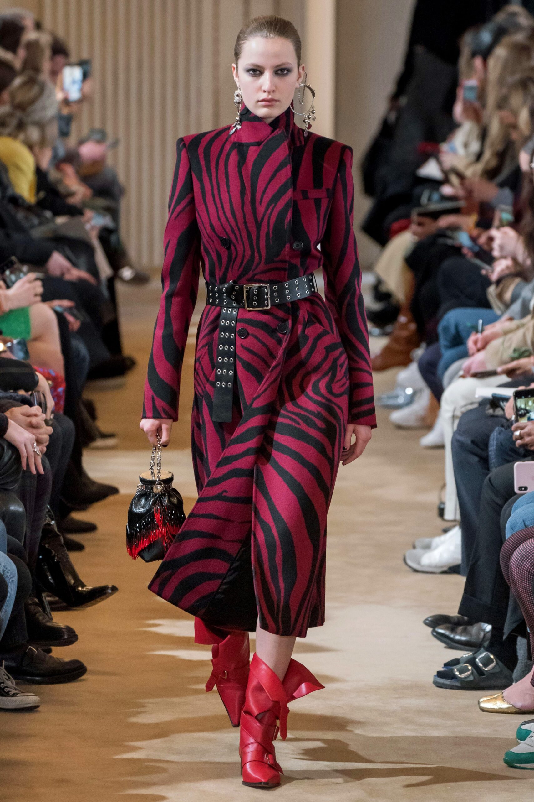 red wool long-sleeve collared fitted printed belted dress