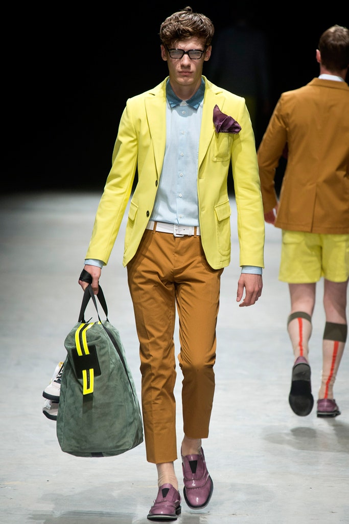 yellow tailored blazer with blue shirt