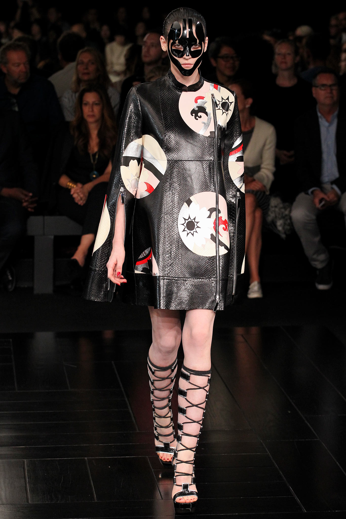 black leather sleeveless high-neck fitted printed cape