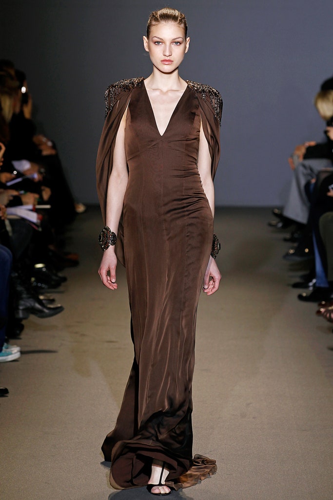 brown silk sleeveless gown