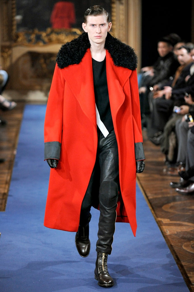 red wool coat with black top