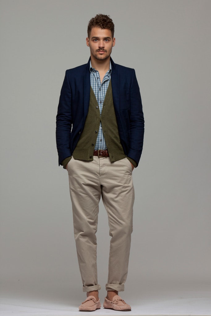 blue blazer with green cardigan