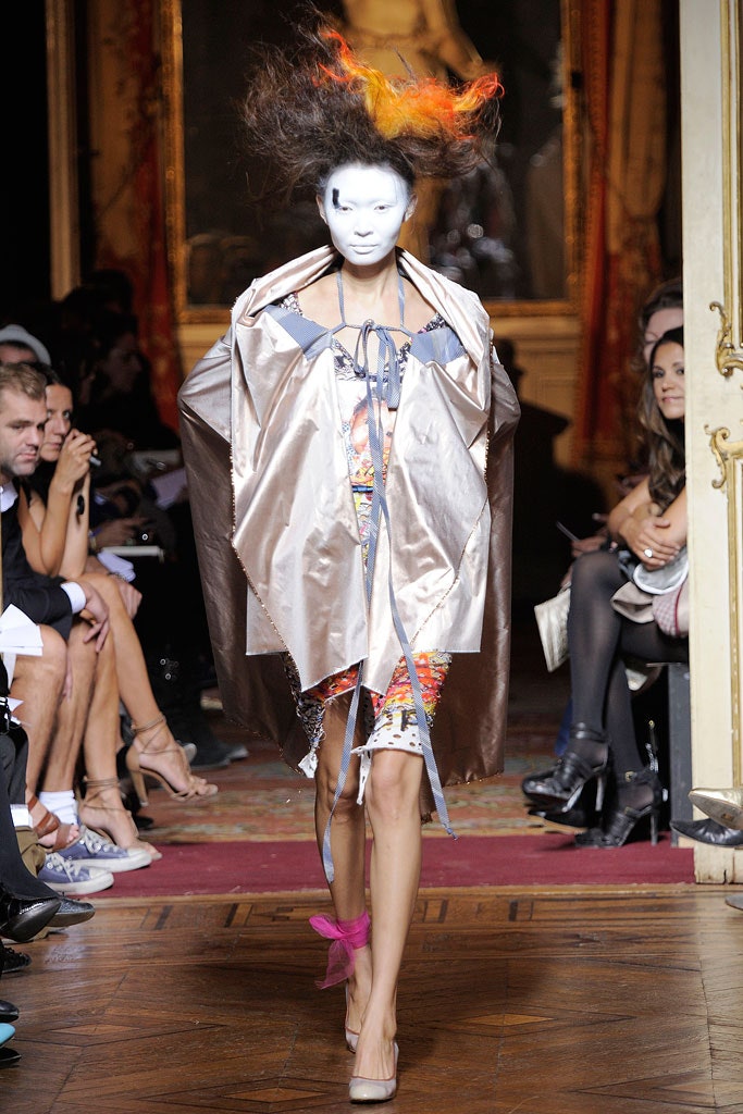 multi-colored silk mini dress with beige cape