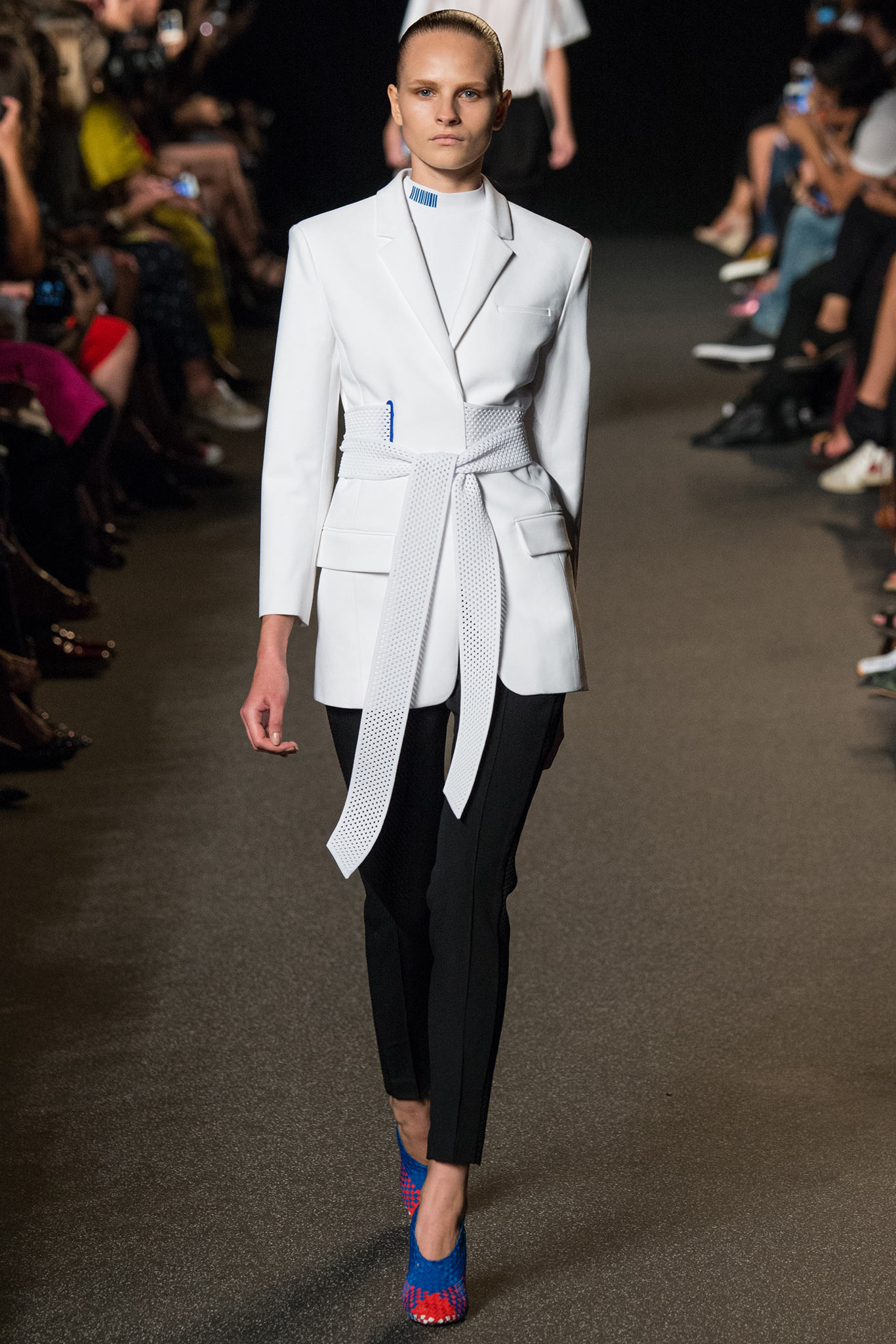 white cotton long-sleeve collared tailored belted blazer