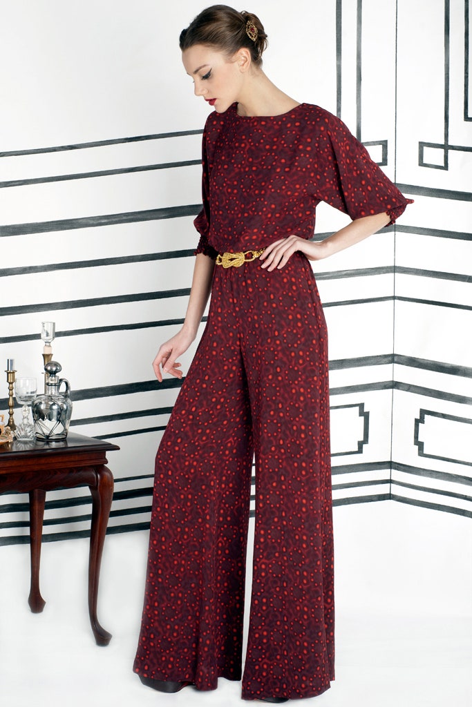 red printed silk jumpsuit with belt