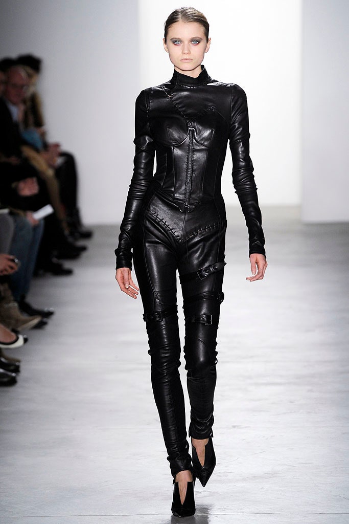 black leather fitted catsuit