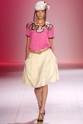 pink top beige skirt outfit