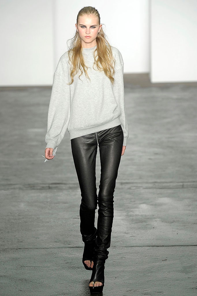 gray oversized sweater and black leather pants