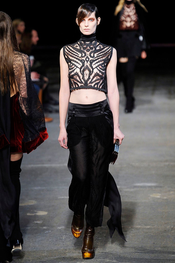 black lace fitted top with relaxed pants