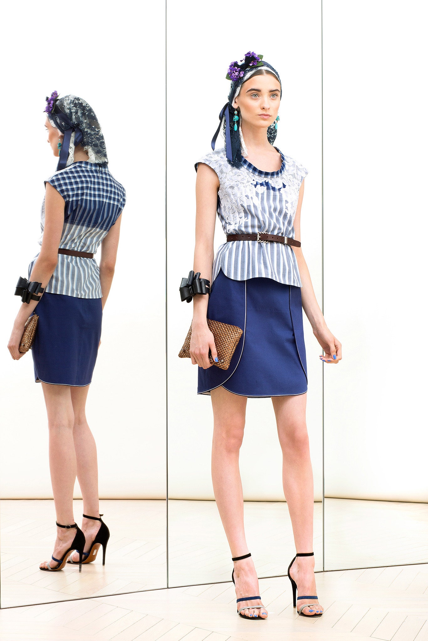 blue and white striped top with pencil skirt