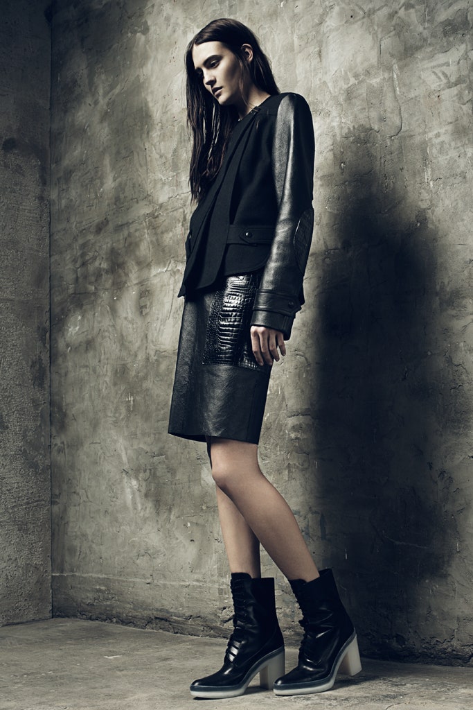 black leather fitted jacket and skirt