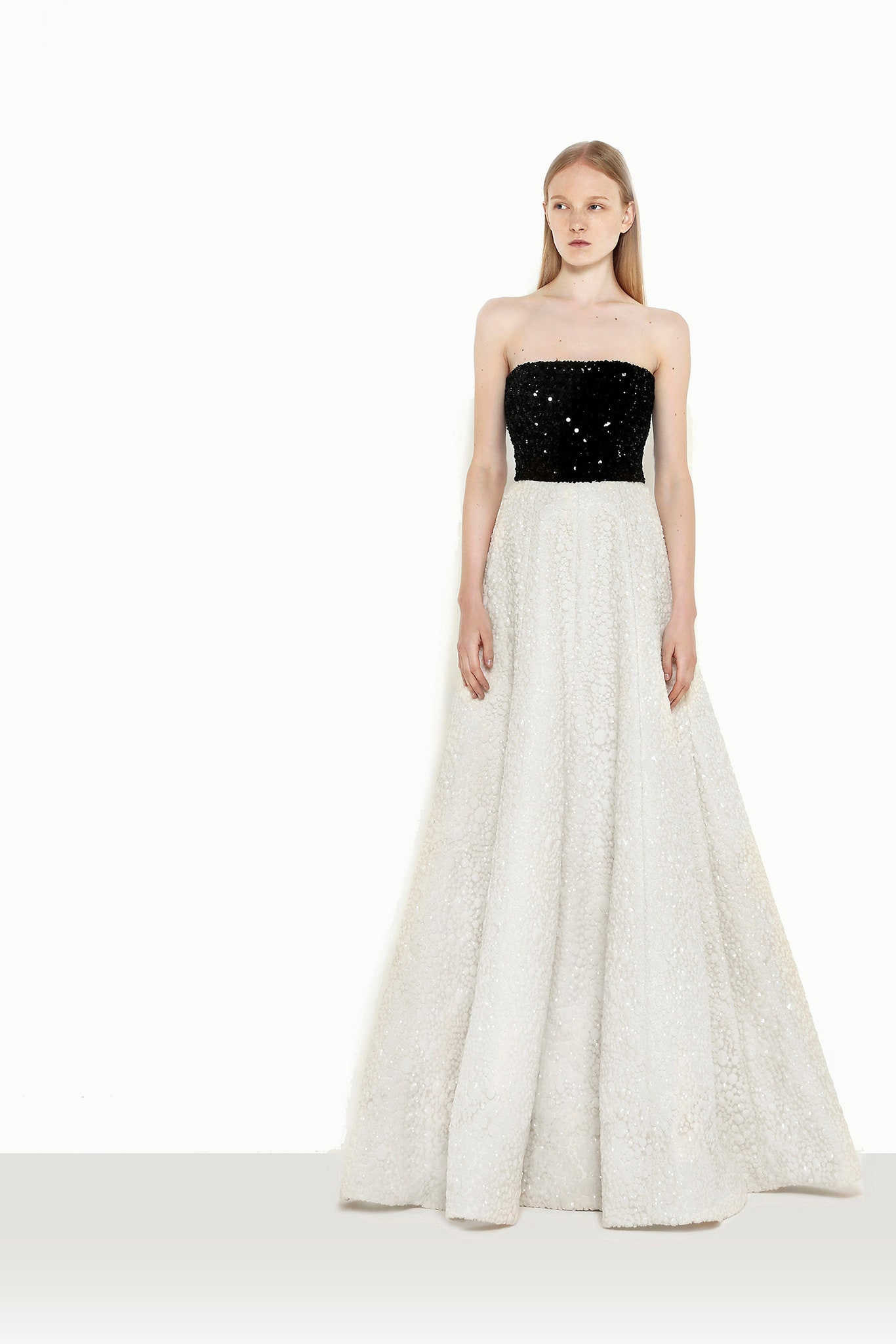 black and white strapless gown