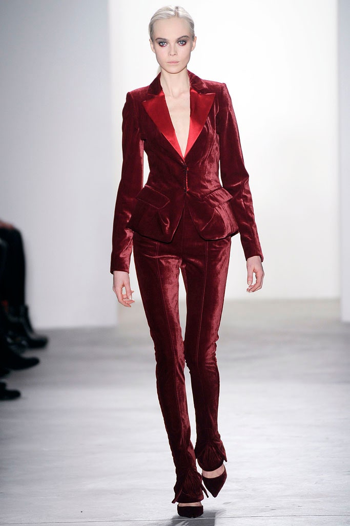 red velvet long-sleeve v-neck fitted tailored suit