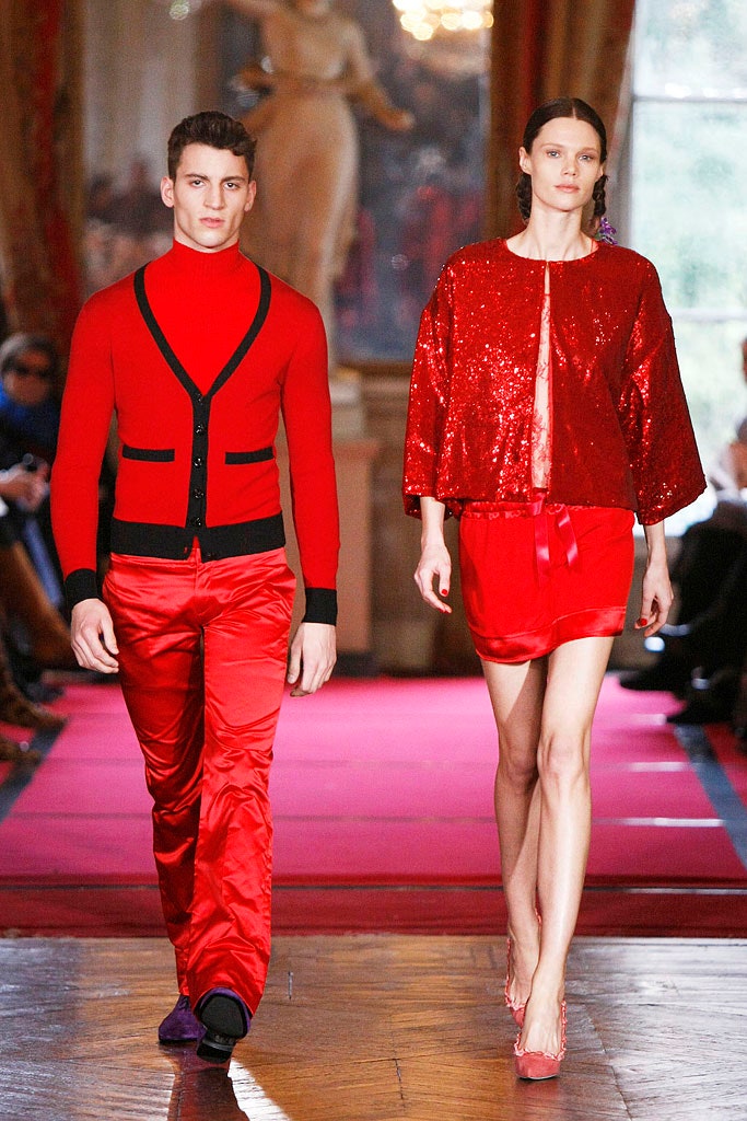 red silk fitted top and pants