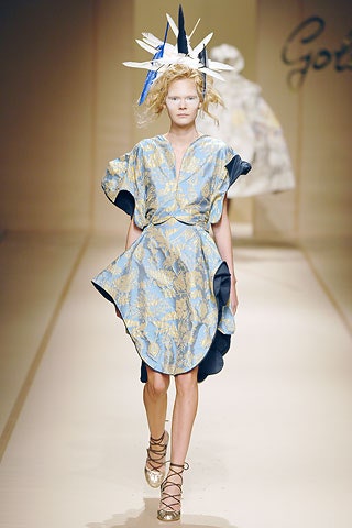 blue gold draped mini dress