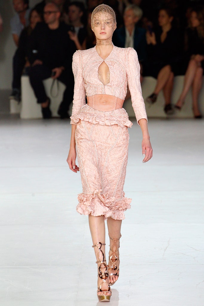 pink lace long-sleeve v-neck fitted ruffled midi dress