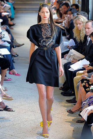 black silk short-sleeve high-neck fitted pleated embroidered dress