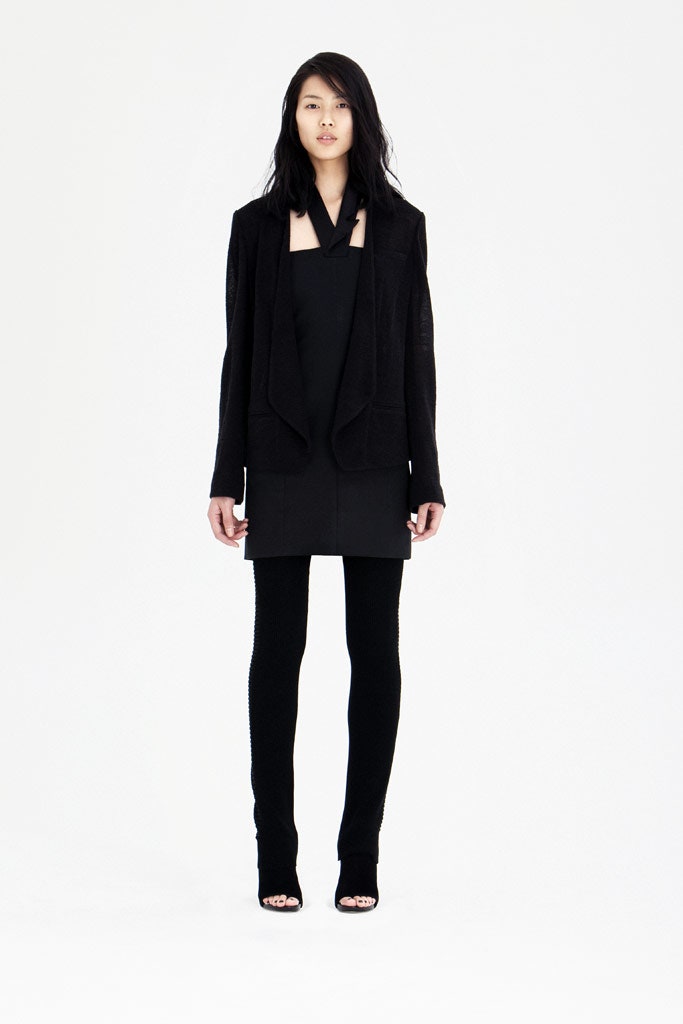black tailored blazer and fitted dress