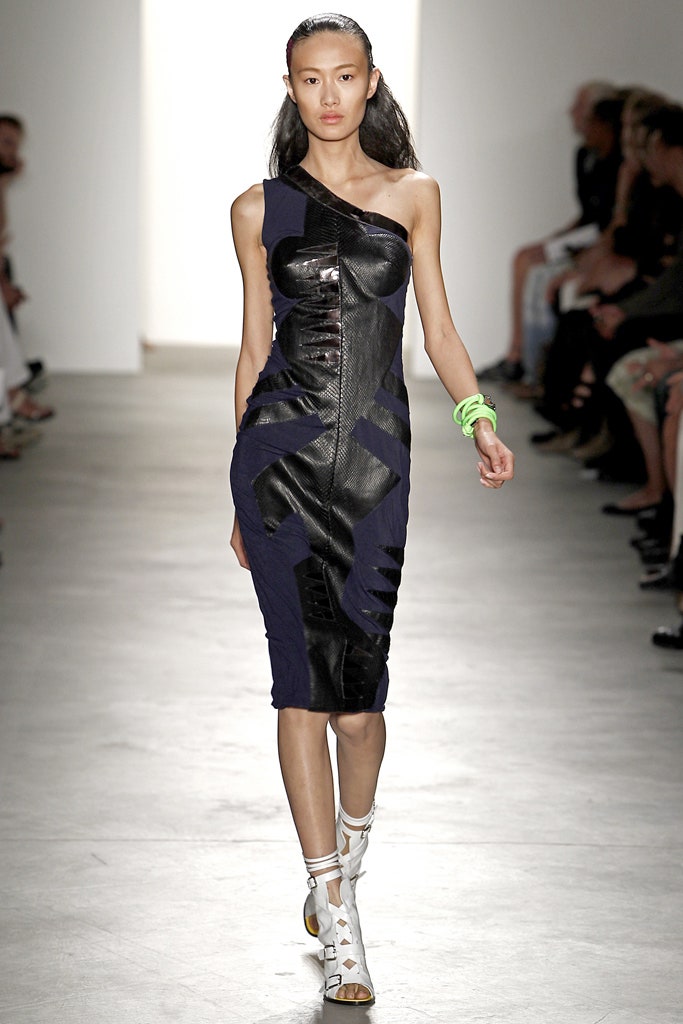 fitted black and blue leather dress
