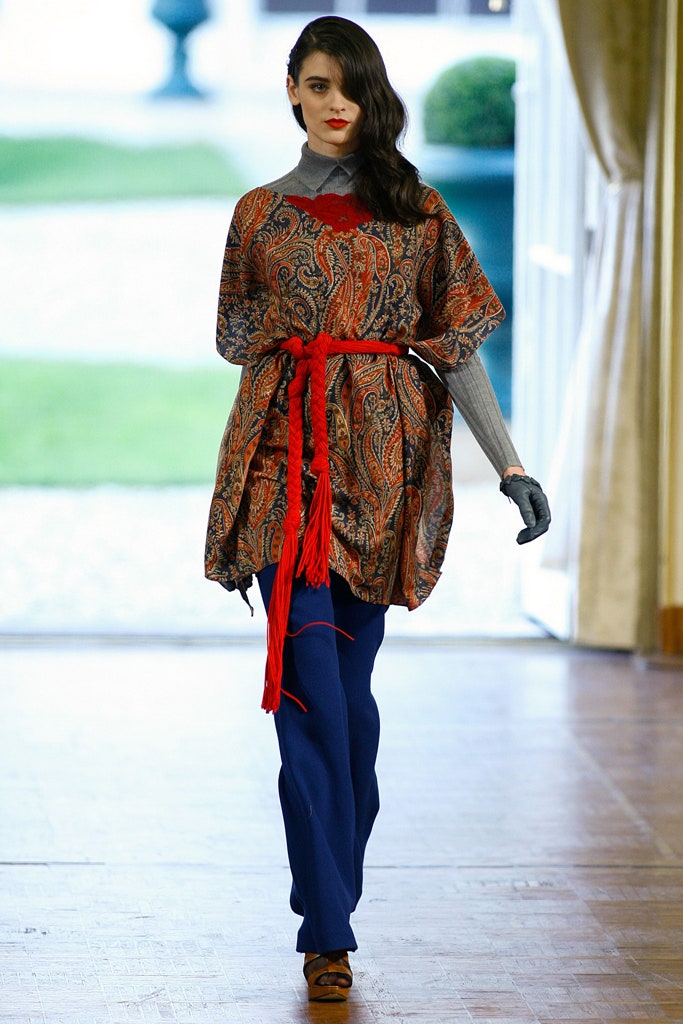 multi-colored silk top with blue pants