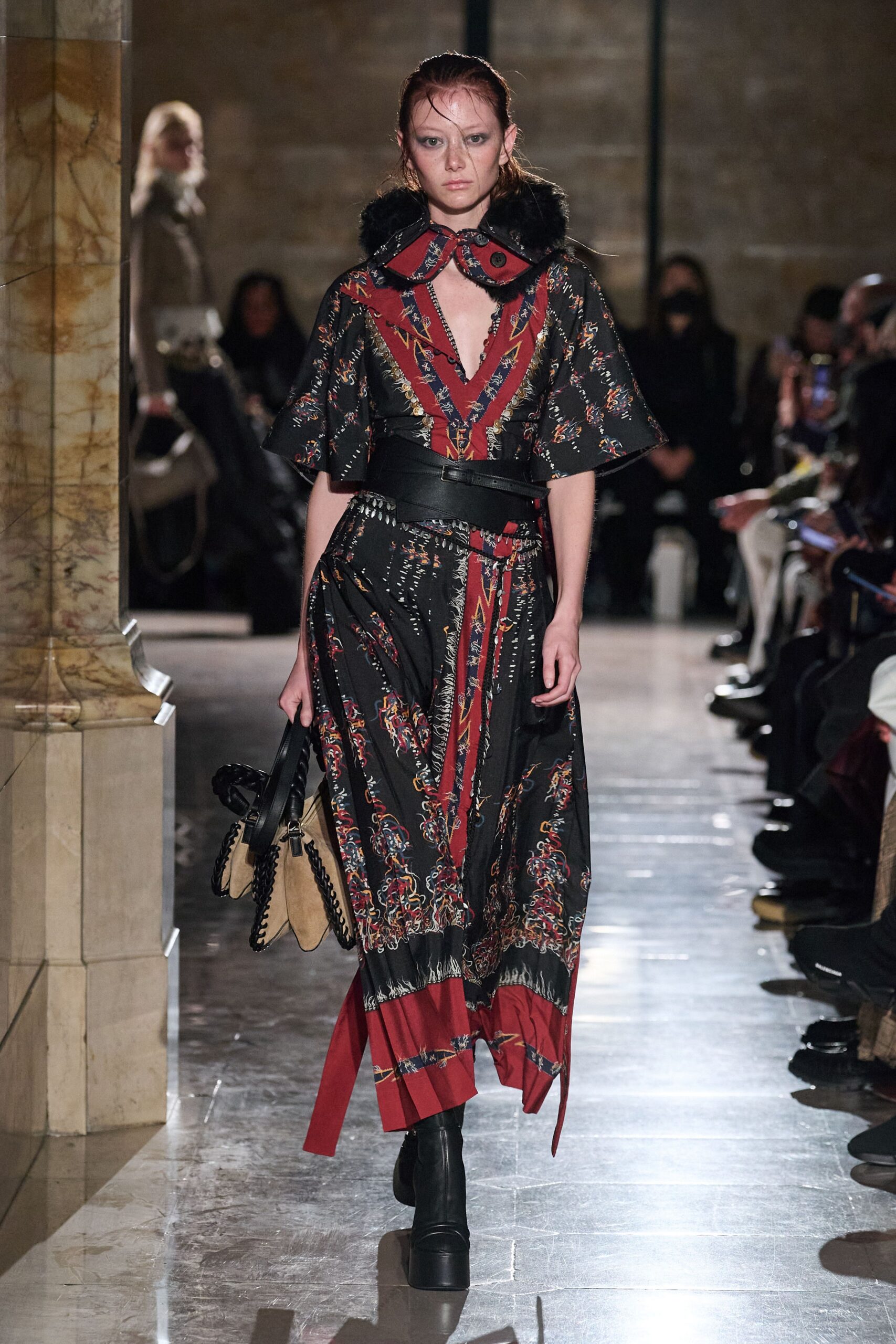 black and red embroidered midi dress