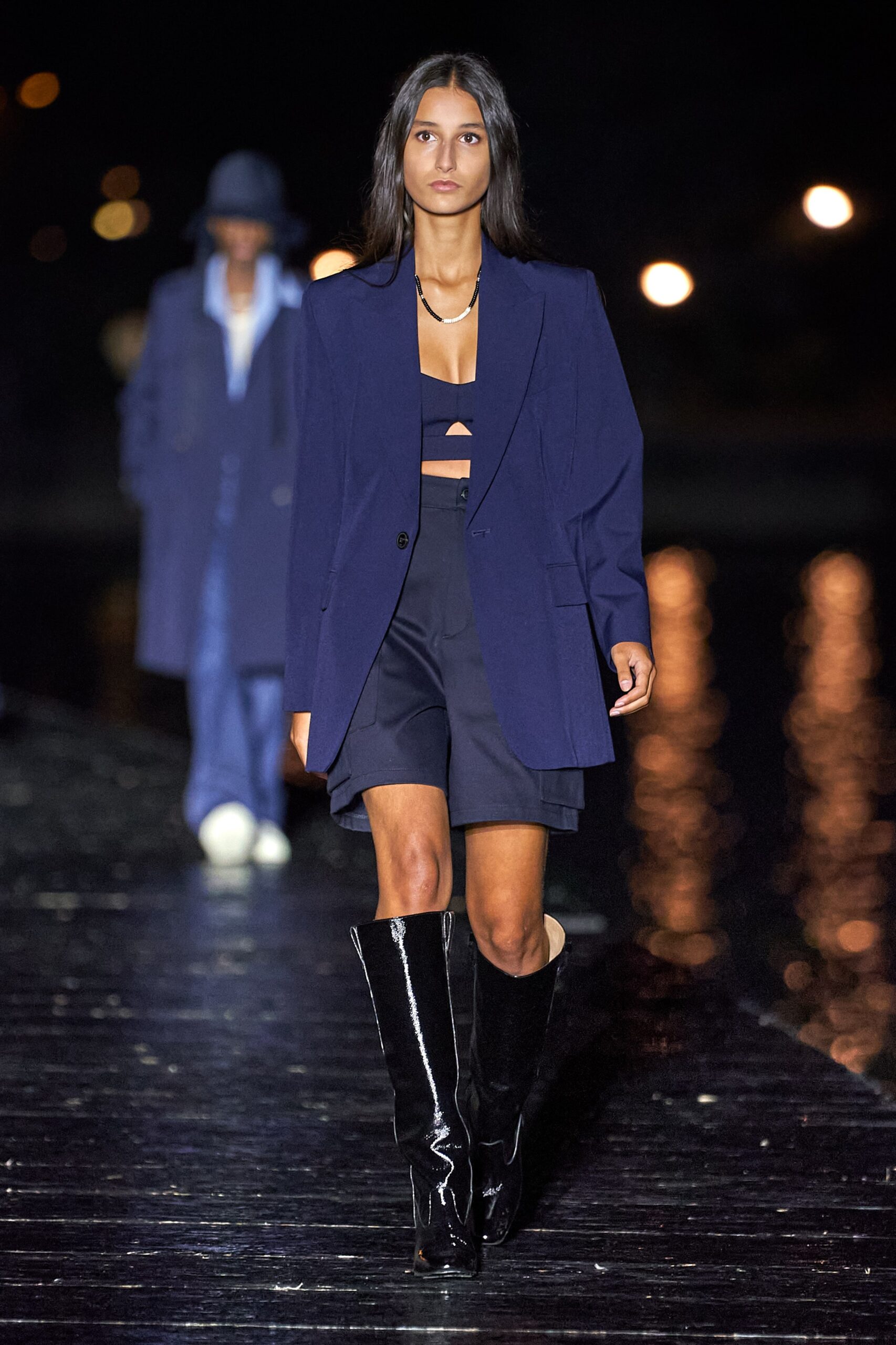 blue tailored blazer with black crop-top