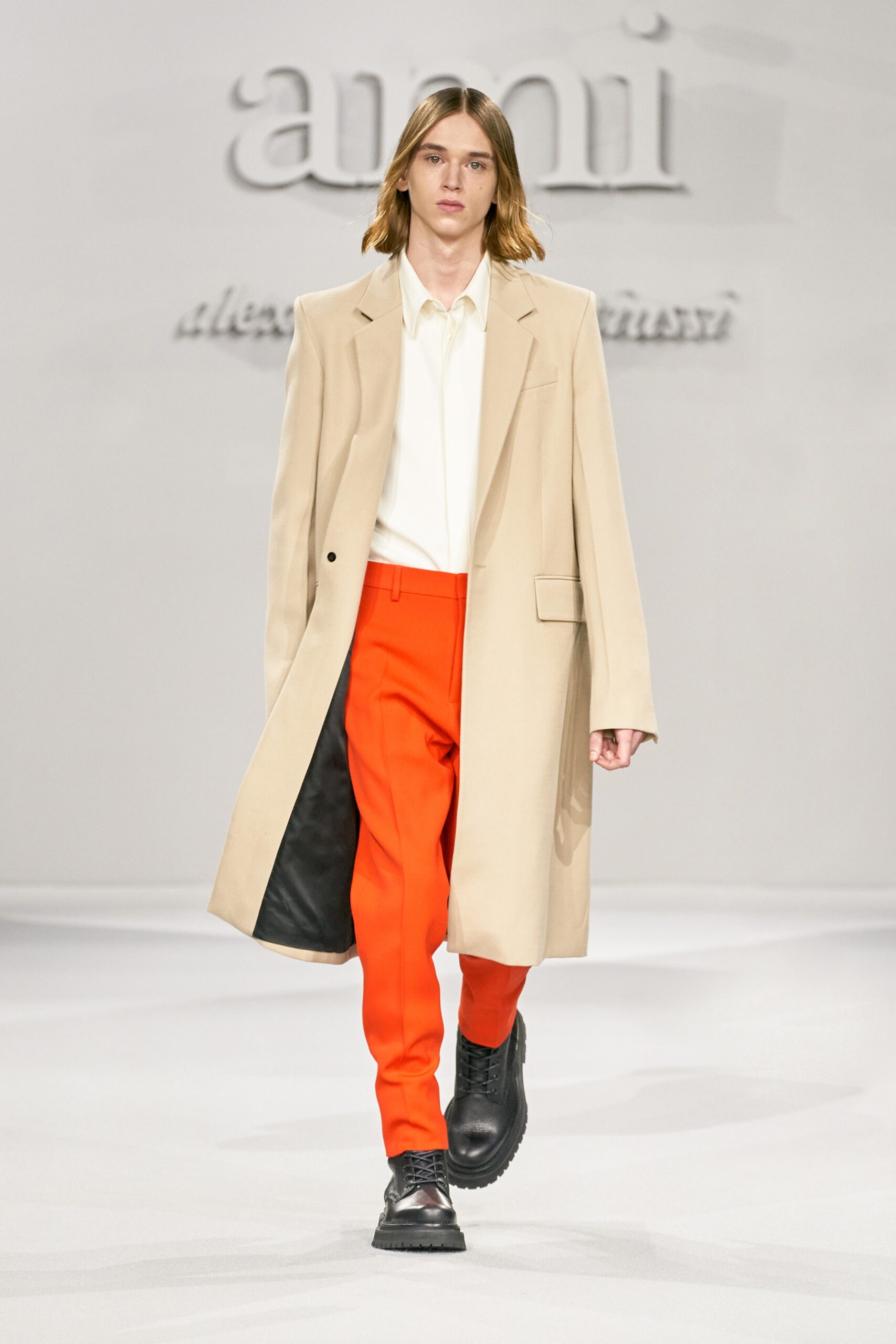 orange cotton tailored straight-leg pants