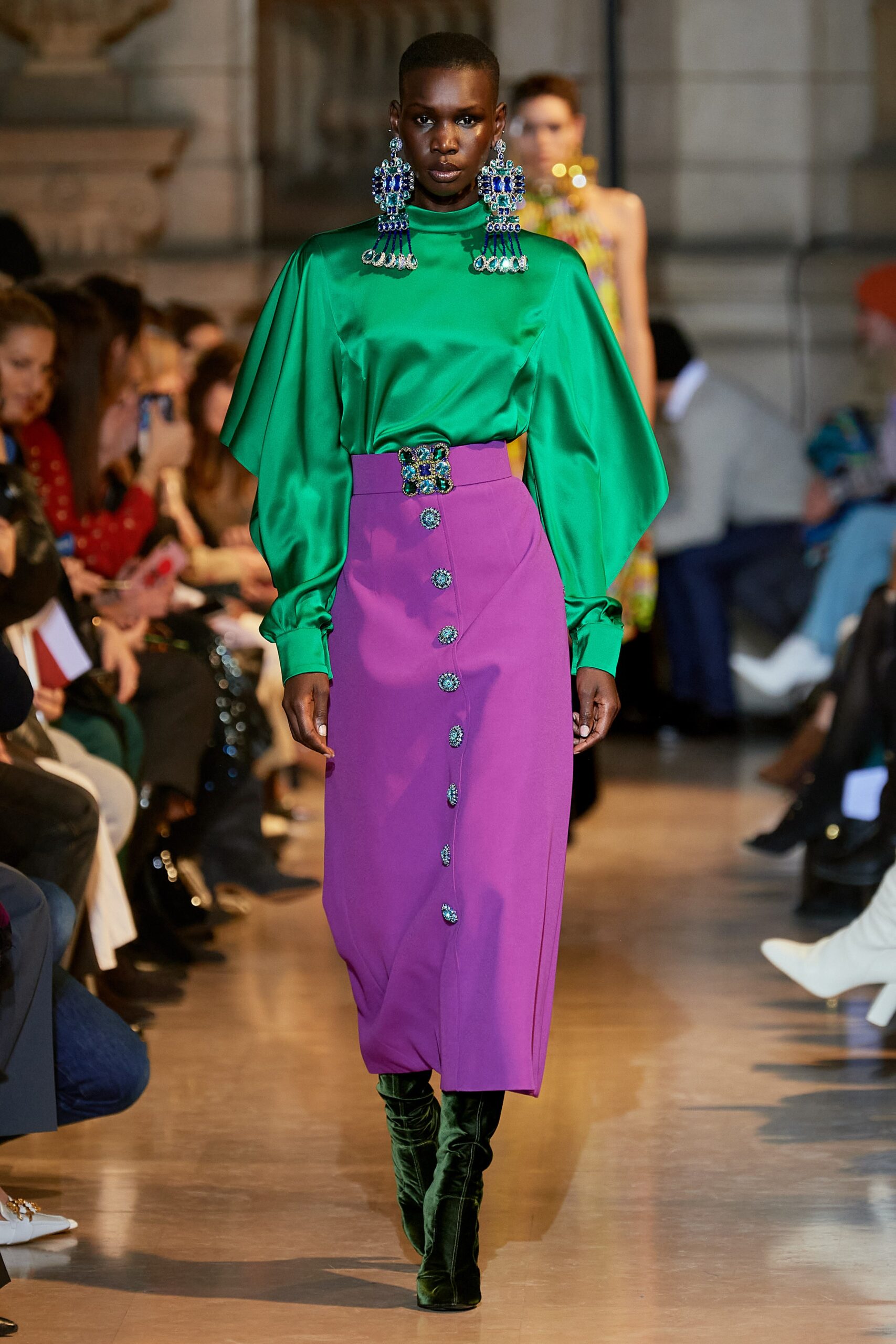 green silk blouse purple midi skirt