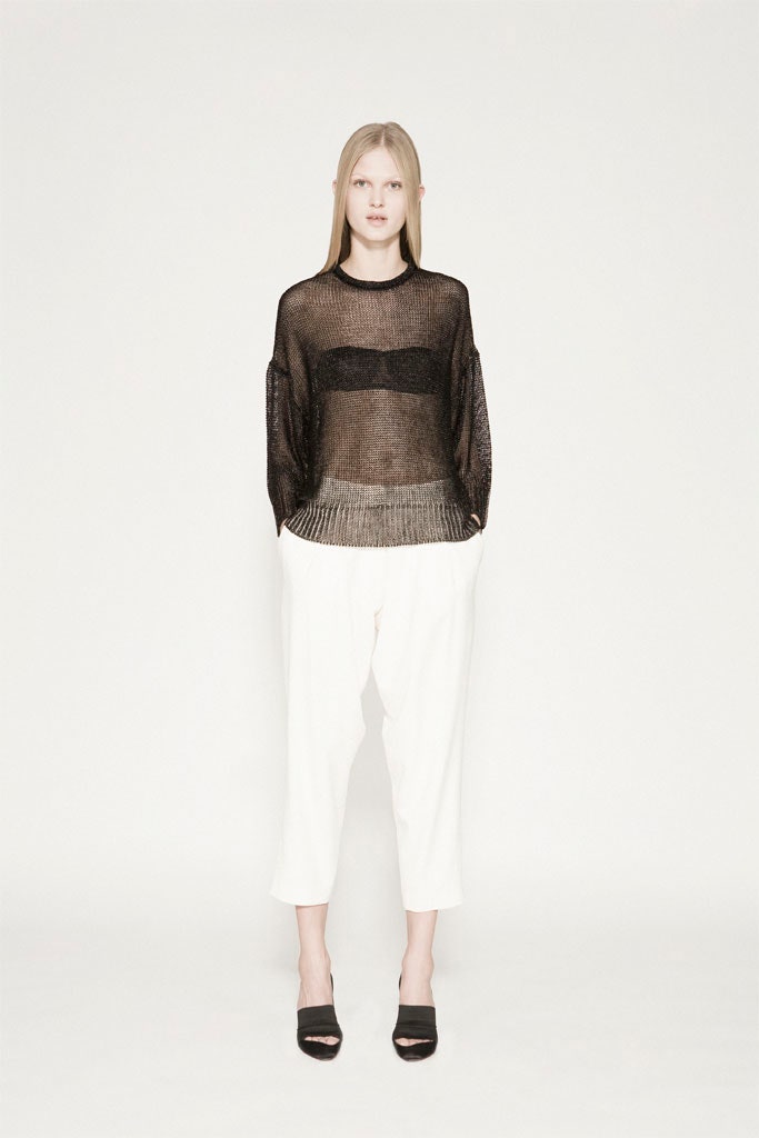 black mesh top white pants