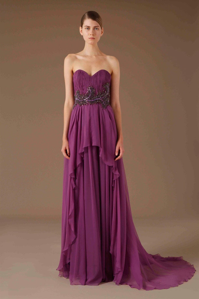 purple silk strapless gown
