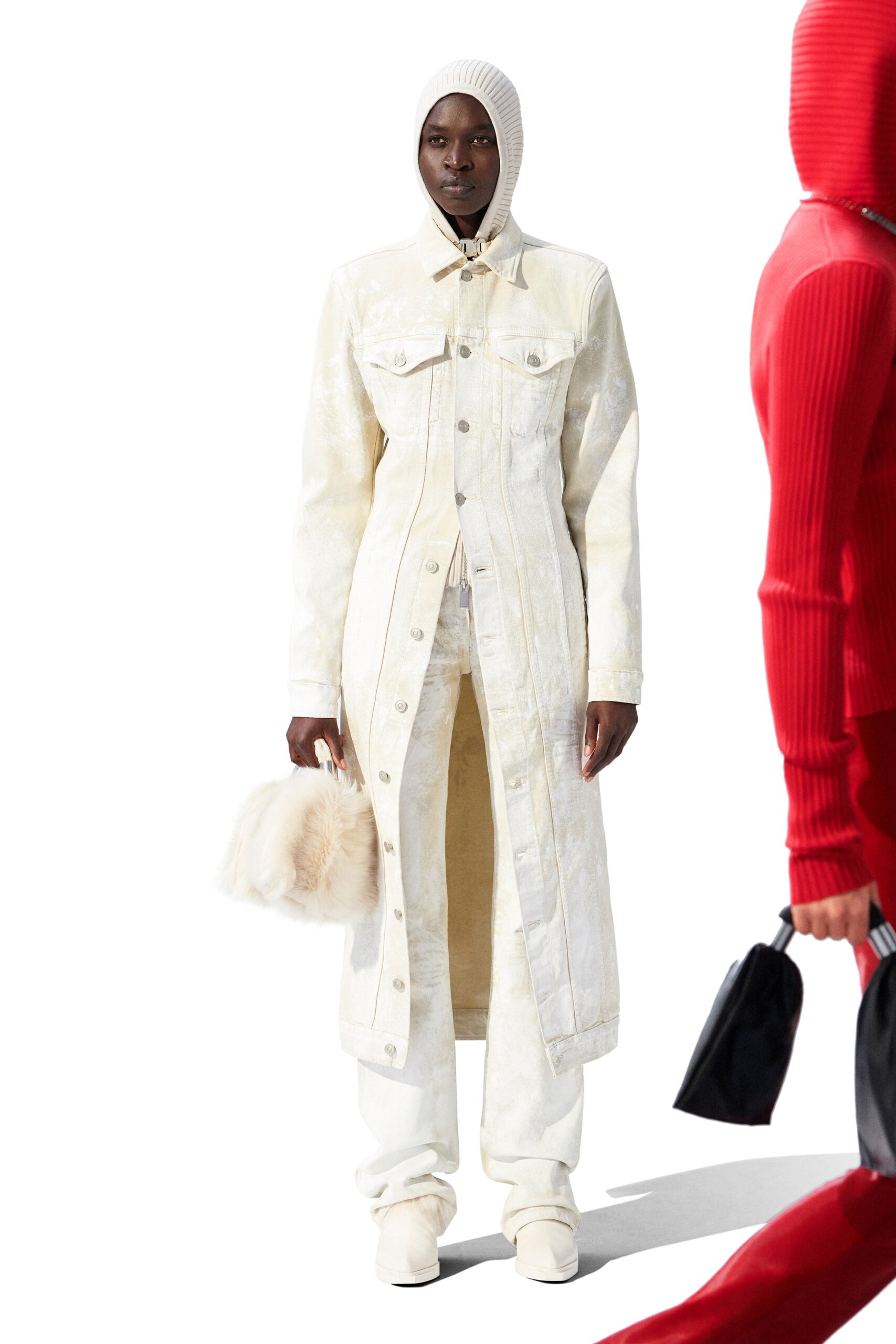 white denim long-sleeve collared relaxed buttoned maxi coat