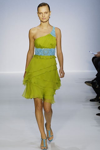 green chiffon sleeveless off-shoulder fitted tiered flowing dress