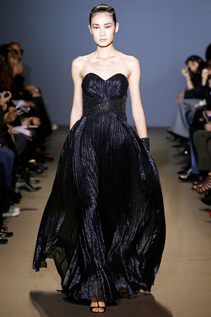 black pleated strapless gown