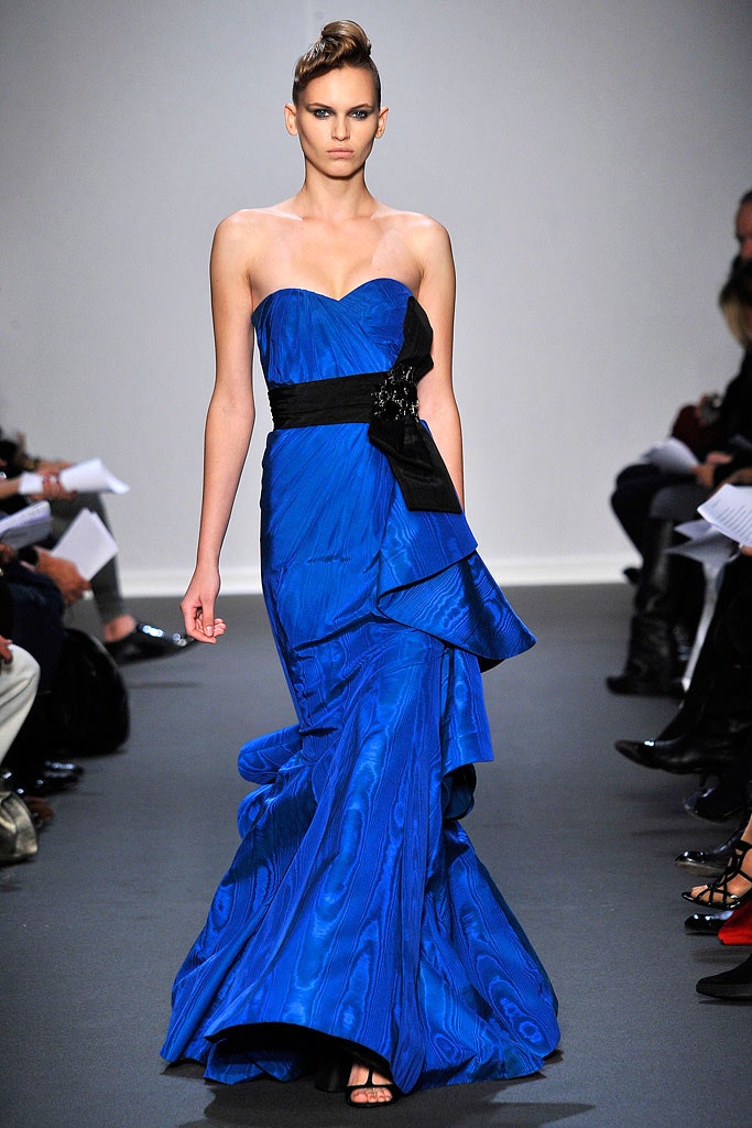 blue silk strapless gown