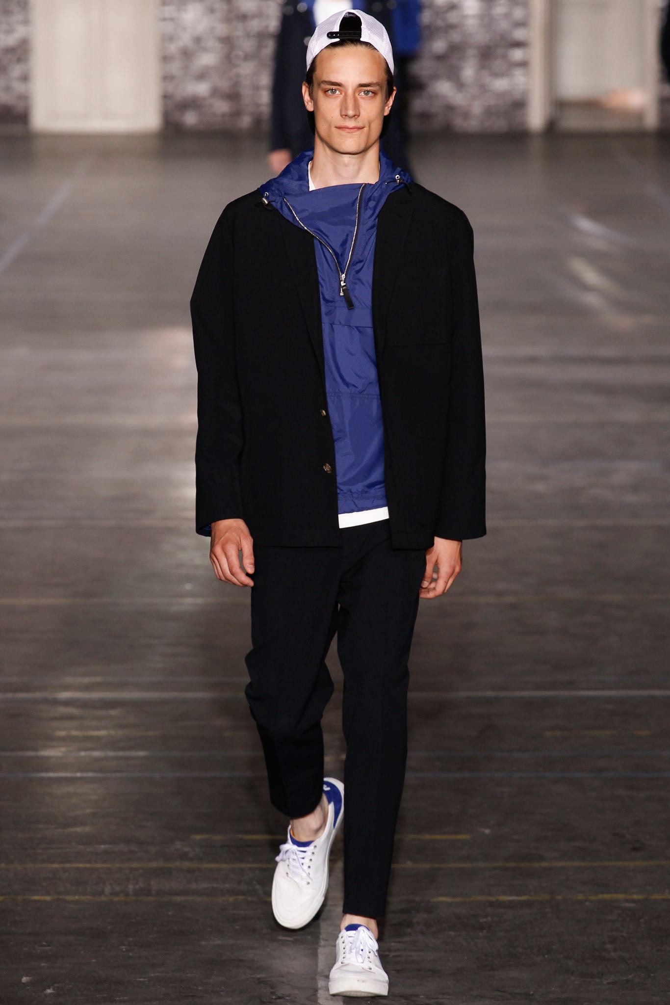 black jacket blue hoodie outfit