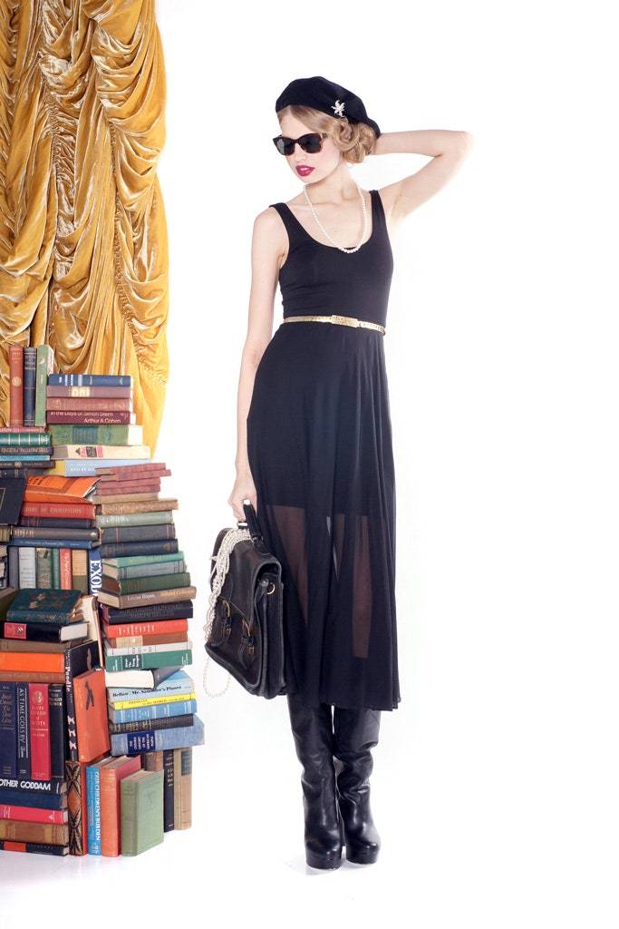 black midi dress with sheer details