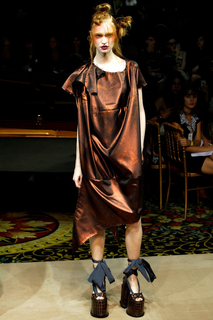brown silk sleeveless asymmetric relaxed draped shiny dress