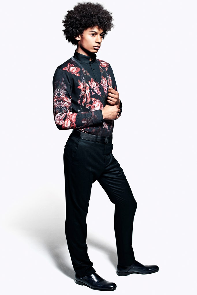 fitted black floral shirt and tailored pants