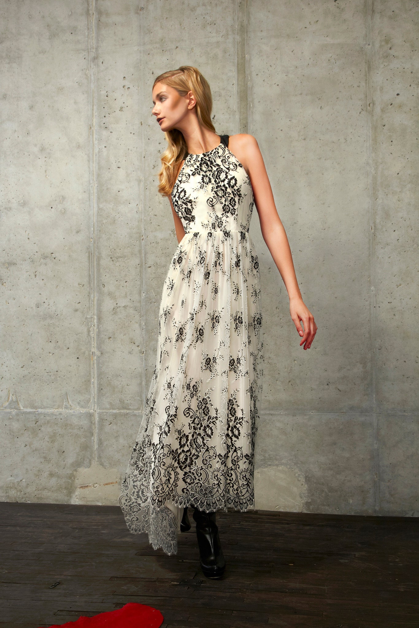 black and white embroidered gown