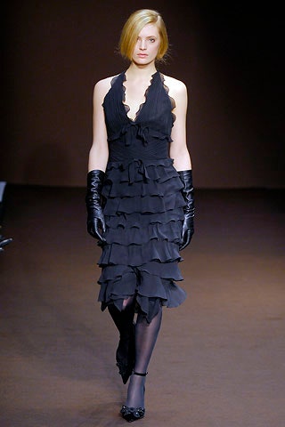 black ruffled mini dress with gloves