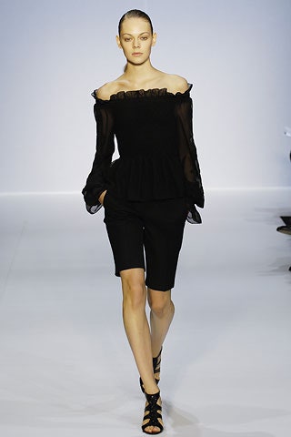 black silk long-sleeve off-shoulder fitted ruffled sheer top