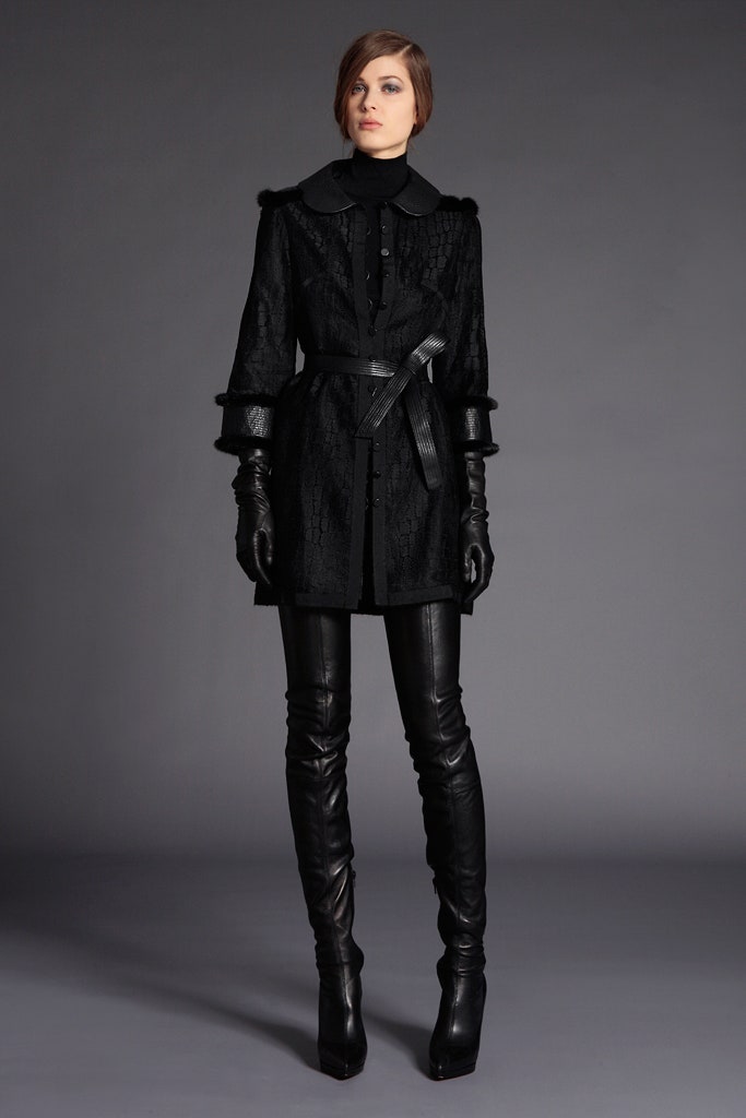 black lace long-sleeve collared fitted buttoned belted coat