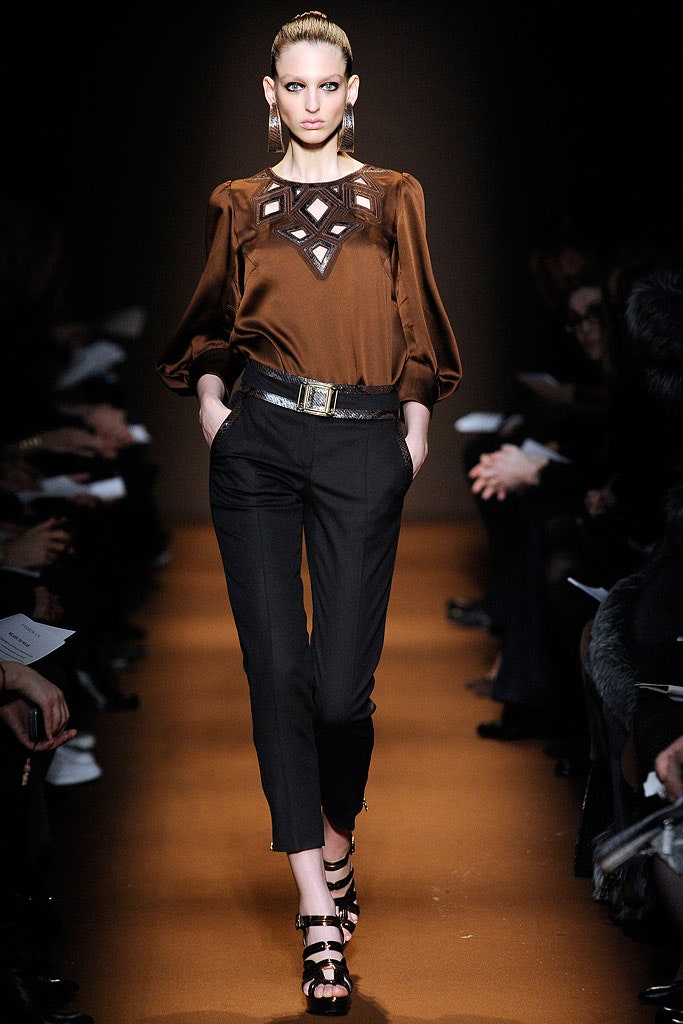 brown silk fitted blouse with black tailored pants