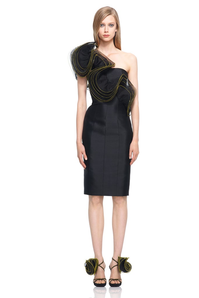 black silk off-shoulder dress